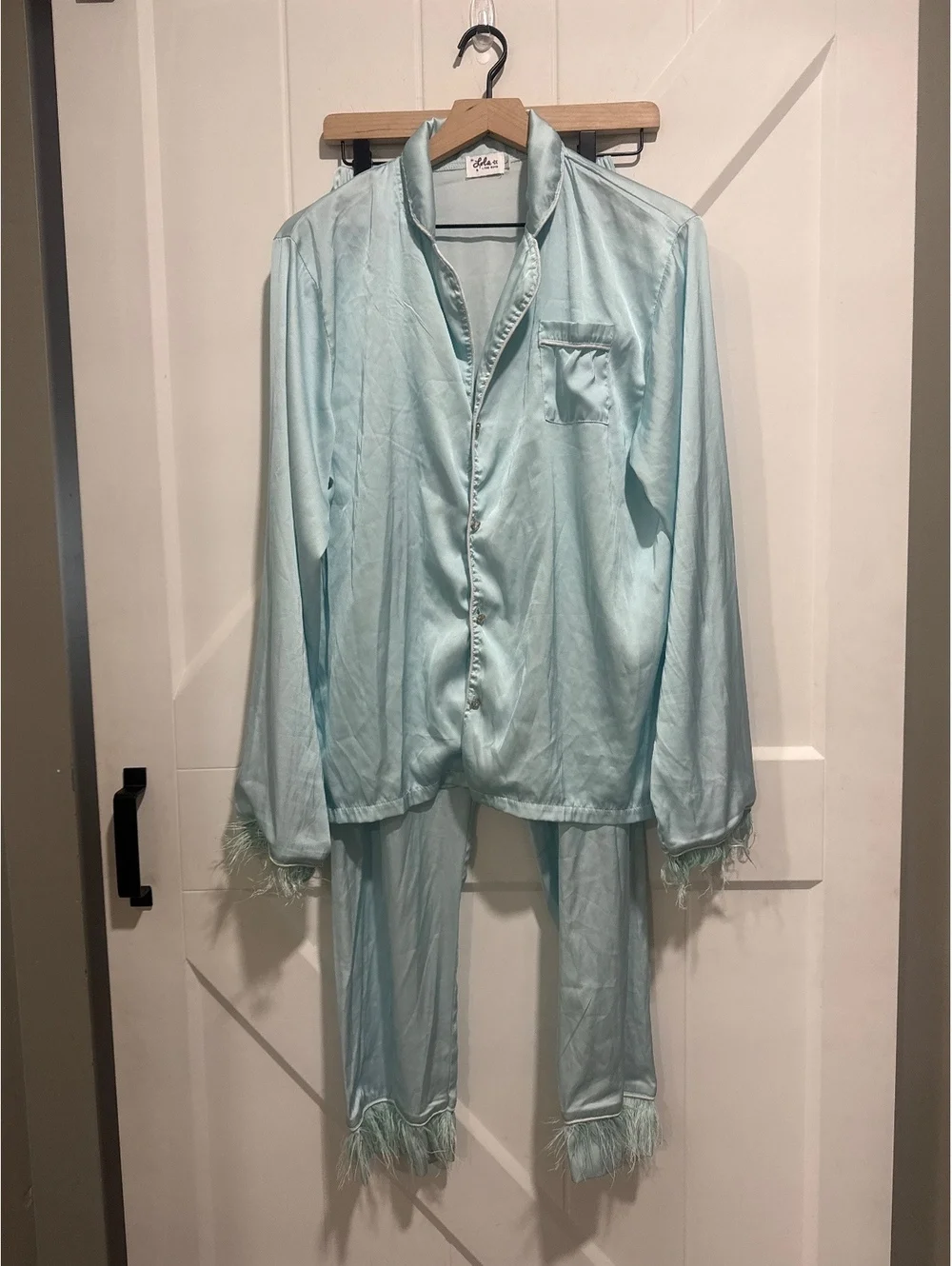 Lola + The Boys Sky Feather Silky Set in Light Blue with Faux Feather Trim, L